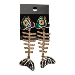 Fishbone earrings costume jewelry rhinestone